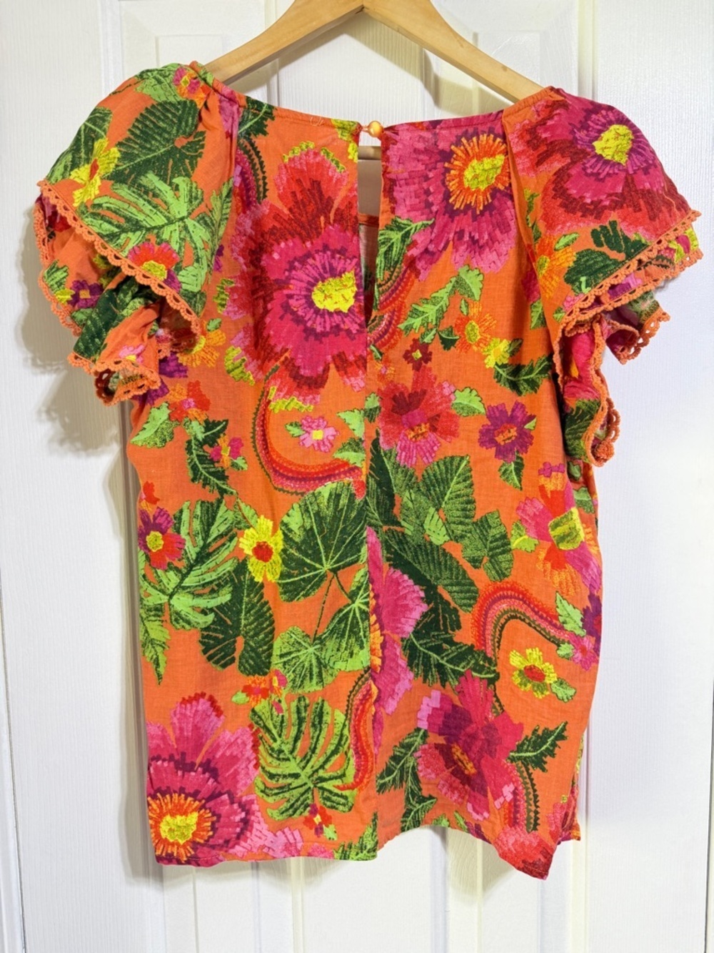 Cynthia Rowley floral tropical orange pink ruffle linen blouse vacay top large - Picture 2 of 3